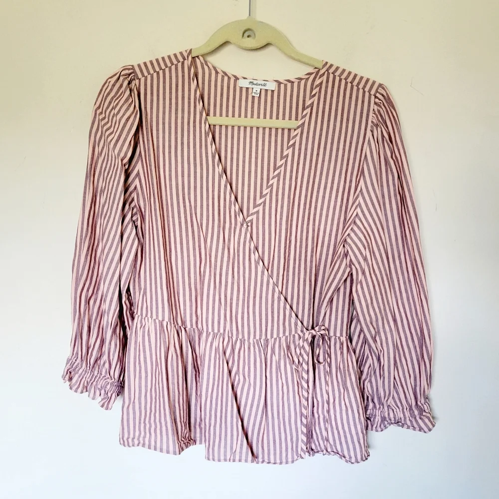 Madewell Puff-Sleeve Peplum Wrap Top in Stripe‎ in Sweet Tulip